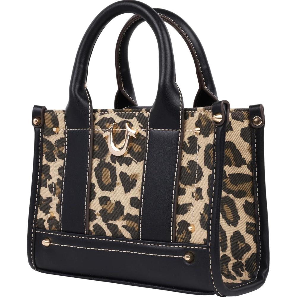 imageTrue Religion Mini Tote Bag Small Canvas Carryall with Handles and Inner Pocket for Women Leopard