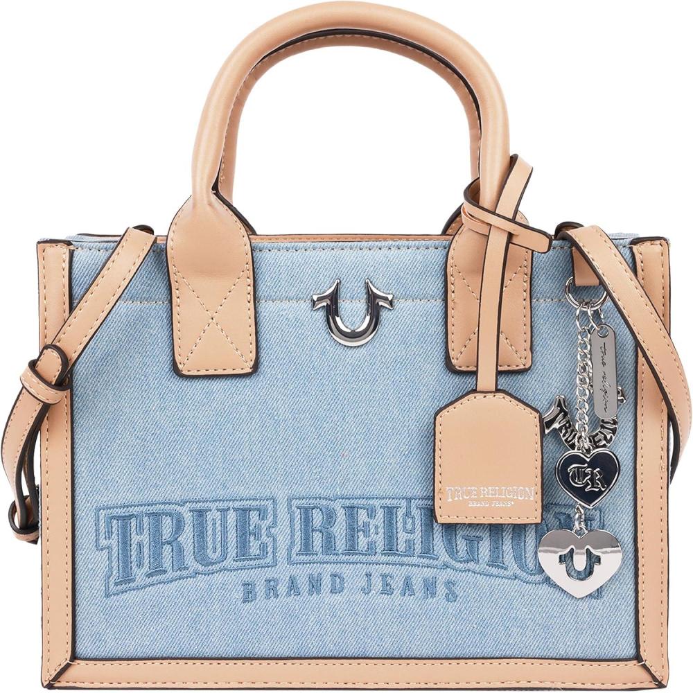 imageTrue Religion Tote Bag Womens Bombe Logo Travel Purse Handbag Denim