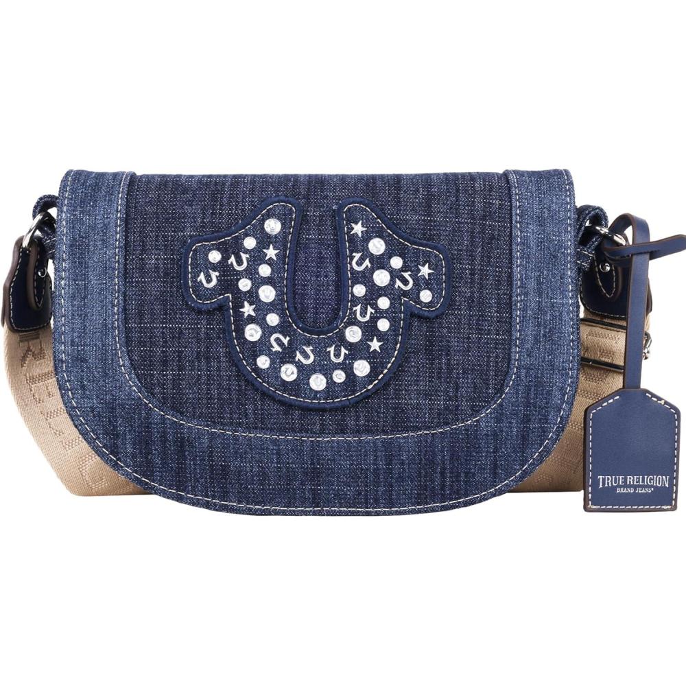 imageTrue Religion Womens Crossbody Bag Denim Mini Flap Shoulder Handbag Purse with Studded Horseshoe Dark Denim