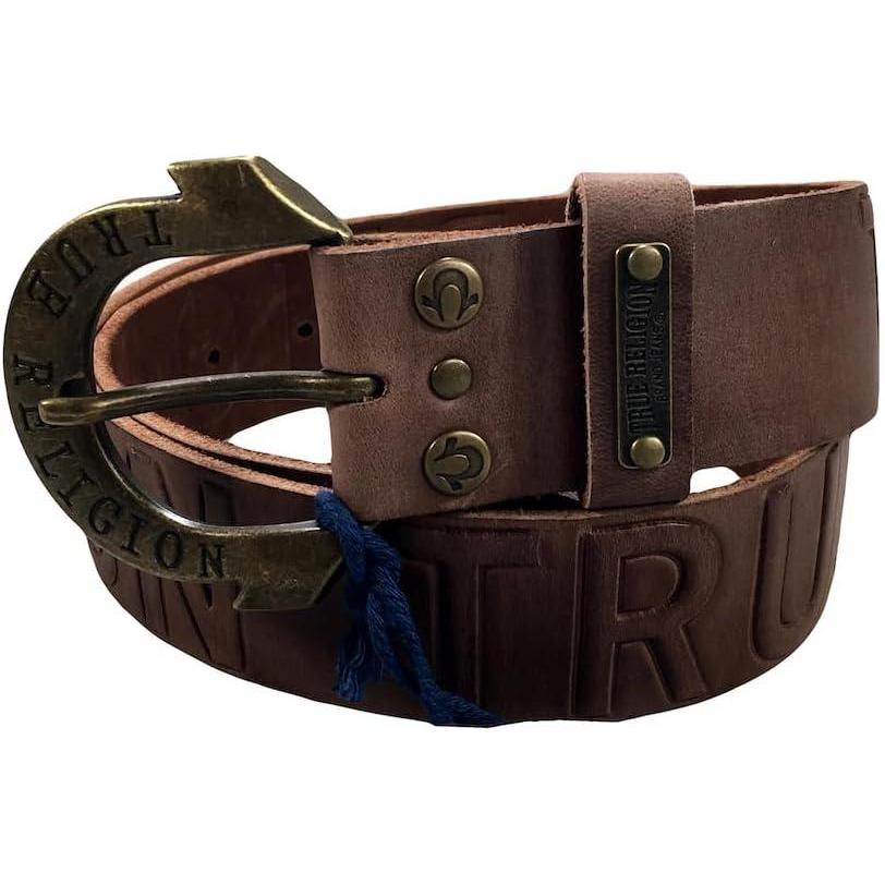imageTrue Religion Womens Jeans Leather Belt Brown Embossed Logo Hardware Horseshoe Buckle 24