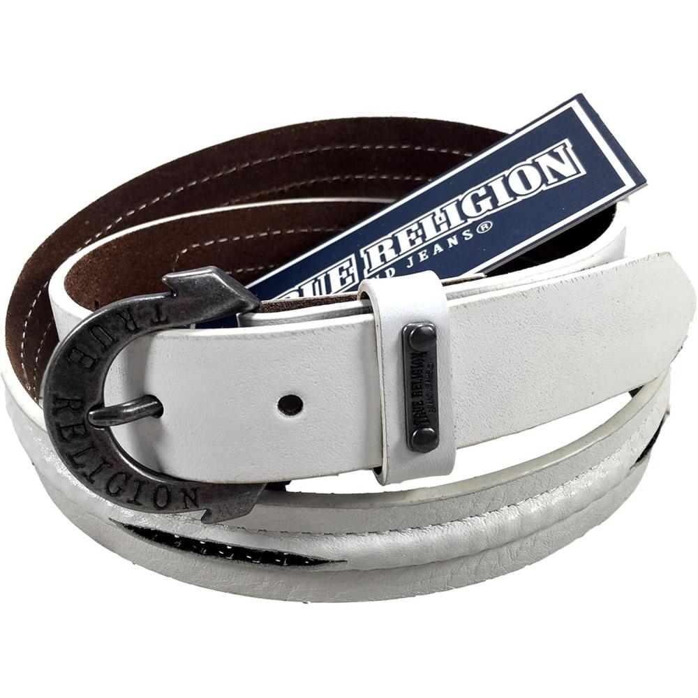 imageTrue Religion Womens Jeans Leather Belt White Chain Hardware Logo Horseshoe Buckle 22