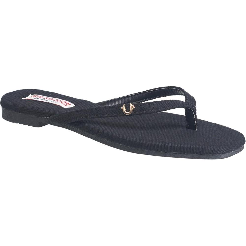 imageTrue Religion Womens Minimalist Flip Flop Sandals Sleek Style with Gold Logo CharmBlack