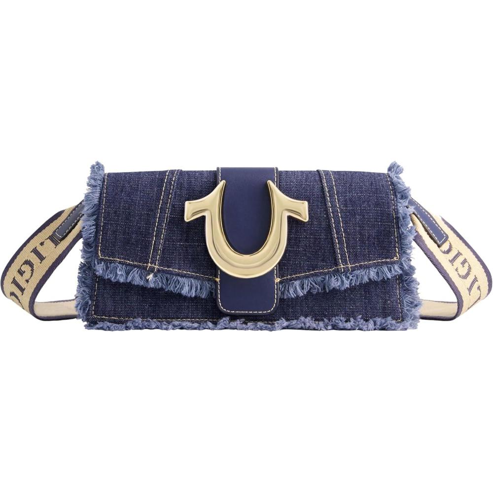 imageTrue Religion Womens Shoulder Bag Purse Frayed Denim Mini Flap Crossbody Handbag with Horseshoe Logo Denim