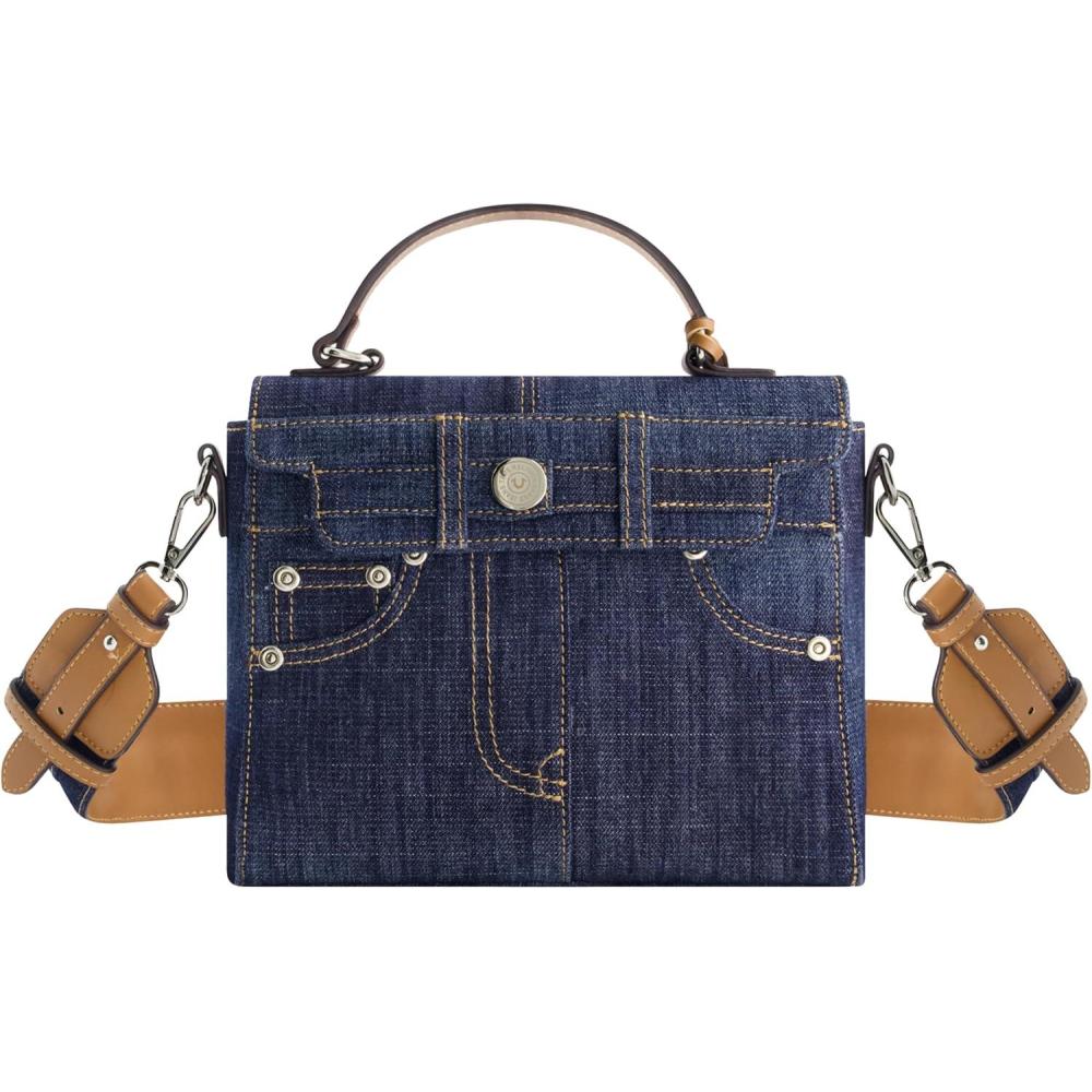 imageTrue Religion Womens Shoulder Bag Purse Jean Pocket Mini Flap Crossbody Handbag with Adjustable StrapNavy
