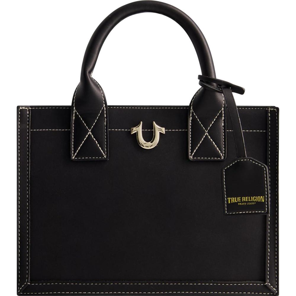 imageTrue Religion Womens Tote Bag Faux Suede Medium Travel Purse Handbag with Adjustable Shoulder Strap and Horseshoe LogoBlack