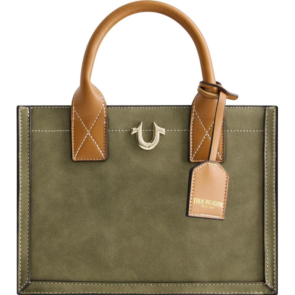 imageTrue Religion Womens Tote Bag Faux Suede Medium Travel Purse Handbag with Adjustable Shoulder Strap and Horseshoe LogoOlive