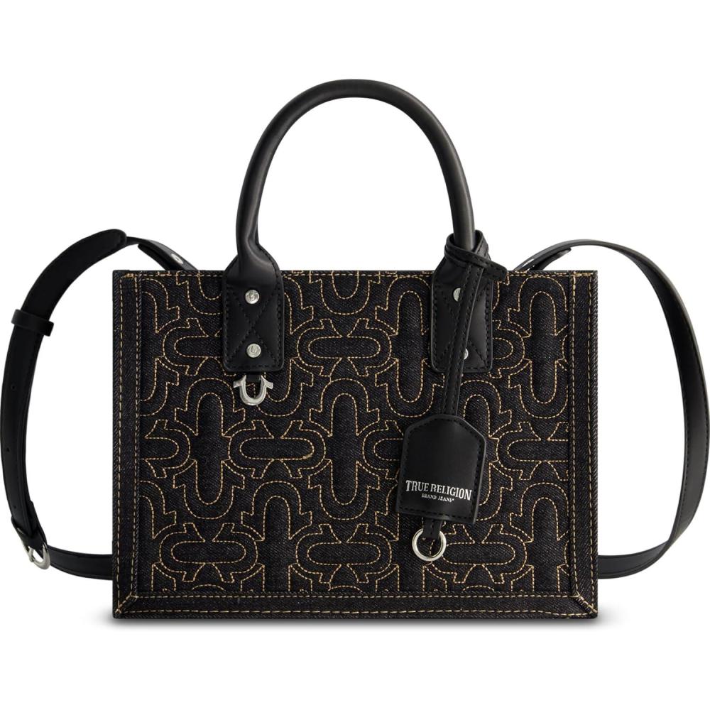 imageTrue Religion Womens Tote Bag Quilted Horseshoe Travel Shoulder Handbag with Adjustable Crossbody StrapDenim