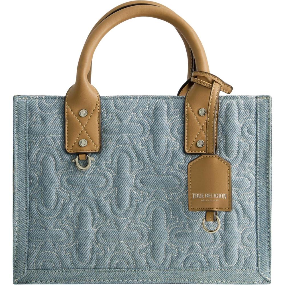imageTrue Religion Womens Tote Bag Quilted Horseshoe Travel Shoulder Handbag with Adjustable Crossbody StrapLight Blue
