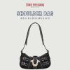 True Religion Denim Shoulder Bag, Everyday Purse with Adjustable Strap, Zip and Magnetic Snap Closure, Black