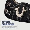 True Religion Denim Shoulder Bag, Everyday Purse with Adjustable Strap, Zip and Magnetic Snap Closure, Black