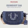 True Religion Women’s Crossbody Bag, Denim Mini Flap Shoulder Handbag Purse with Studded Horseshoe, Dark Denim