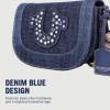True Religion Women’s Crossbody Bag, Denim Mini Flap Shoulder Handbag Purse with Studded Horseshoe, Dark Denim