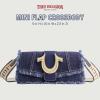 True Religion Women’s Shoulder Bag Purse, Frayed Denim Mini Flap Crossbody Handbag with Horseshoe Logo, Denim