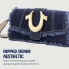 True Religion Women’s Shoulder Bag Purse, Frayed Denim Mini Flap Crossbody Handbag with Horseshoe Logo, Denim