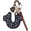 True Religion Denim Horseshoe Bag Charm, Gold Hardware Keychain with Heart Pendant and Accent Strap, Dark Denim