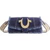 True Religion Women’s Shoulder Bag Purse, Frayed Denim Mini Flap Crossbody Handbag with Horseshoe Logo, Denim