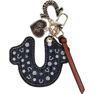 True Religion Denim Horseshoe Bag Charm, Gold Hardware Keychain with Heart Pendant and Accent Strap, Dark Denim
