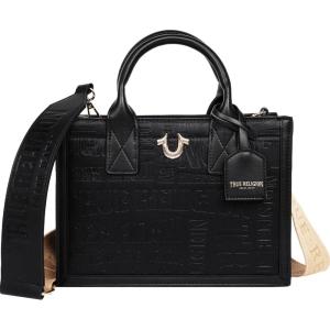 True Religion Mega Logo Modern Tote, Structured Everyday Shoulder Bag, Adjustable Crossbody Strap, Spacious Interior(Black)