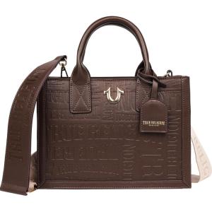 True Religion Mega Logo Modern Tote, Structured Everyday Shoulder Bag, Adjustable Crossbody Strap, Spacious Interior(Chocolate)