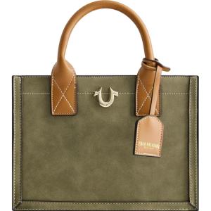 True Religion Women’s Tote Bag, Faux Suede Medium Travel Purse Handbag with Adjustable Shoulder Strap and Horseshoe Logo(Olive)