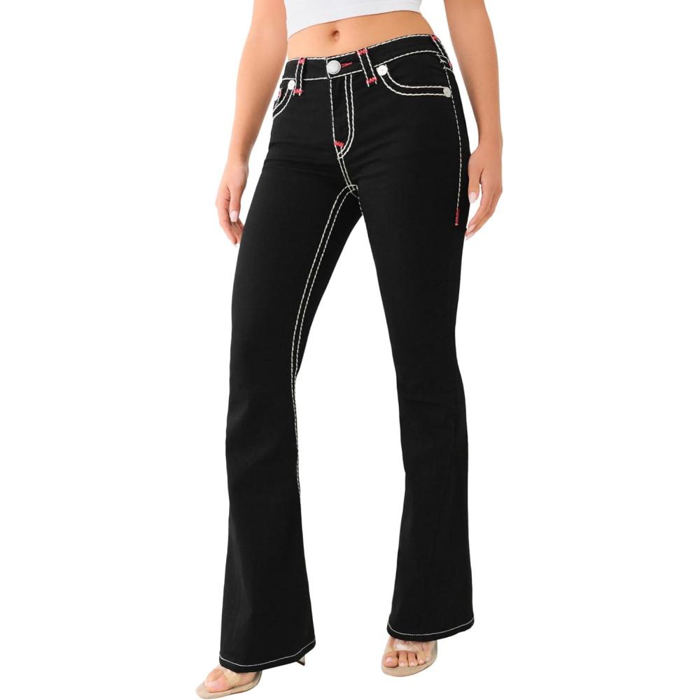 imageTrue Religion Womens Joey Low Rise Super T Flare Jeans Denim Flap Pocket Bell Bottom JeansRinse Black