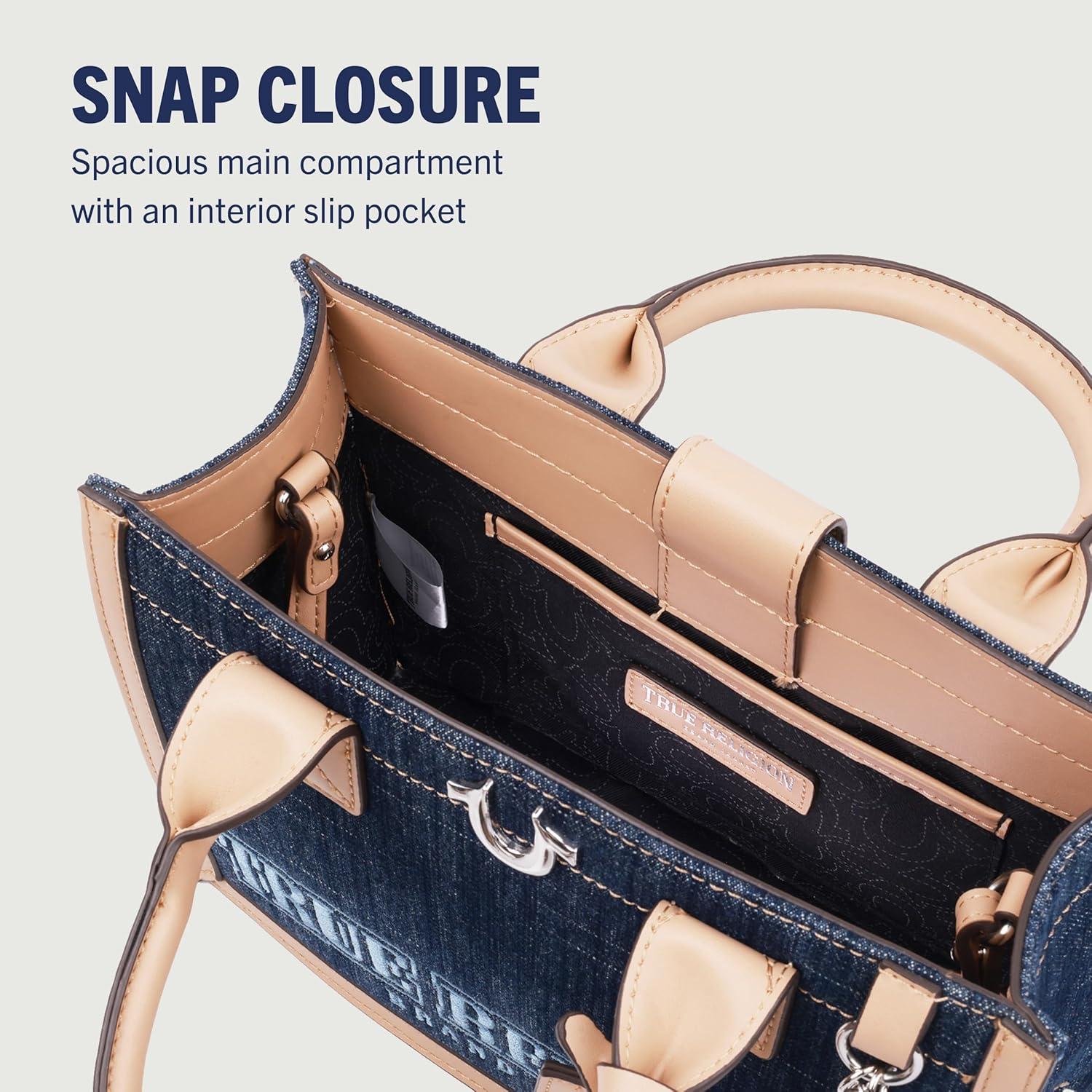 imageTrue Religion Denim Tote Bag Bombe Logo Shoulder Carryall with Horseshoe Hardware and Strap Hand Bag Dark Denim