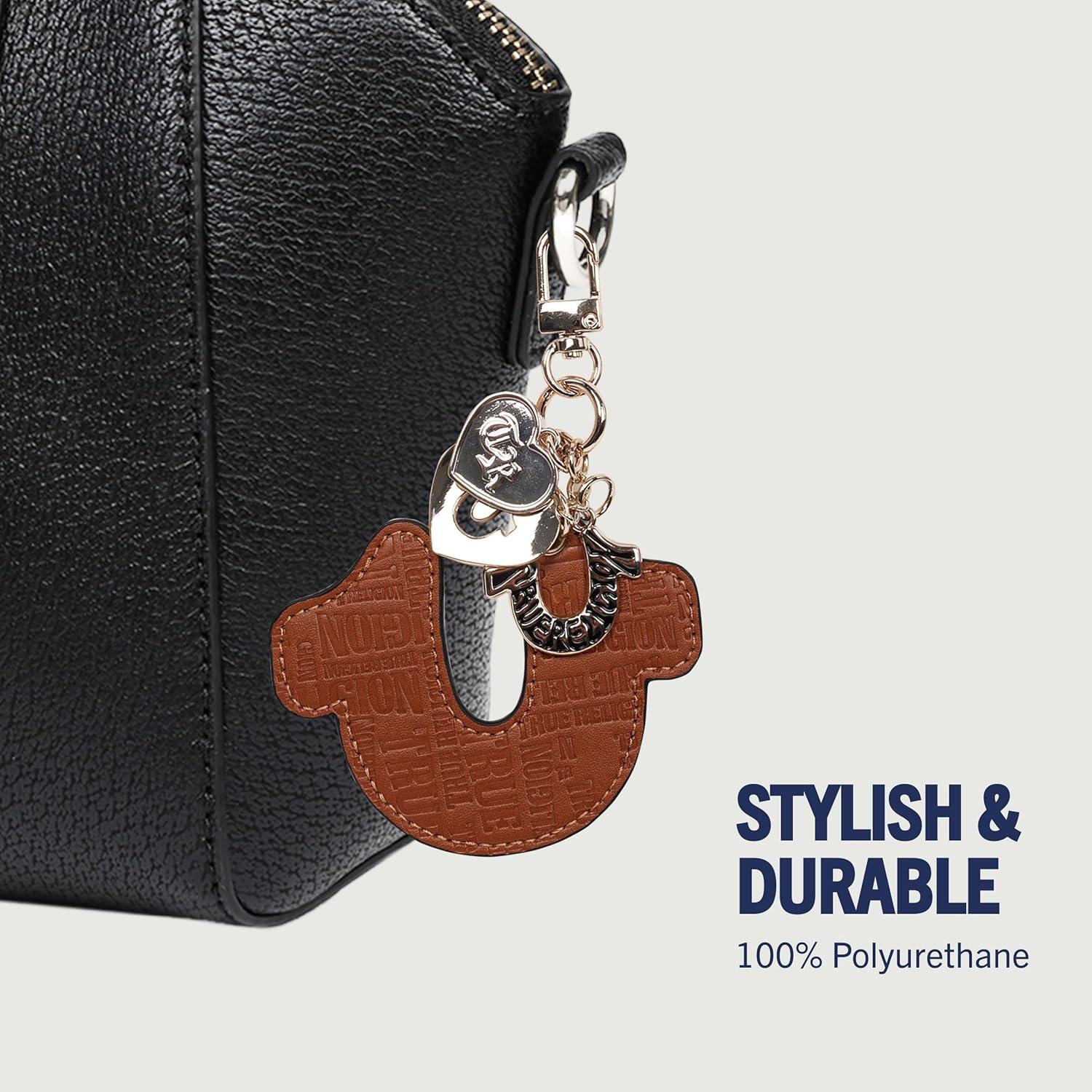 imageTrue Religion Embossed Horseshoe Bag Charm Gold Hardware Keychain with Heart Pendant and Logo Detail Cognac