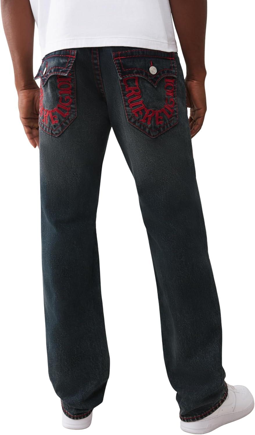 imageTrue Religion Mens TR Ricky Super T Flap Jeans Straight Fit Stretch Denim 34 Inseam StitchingAcoustic Session Blue Blk Wash