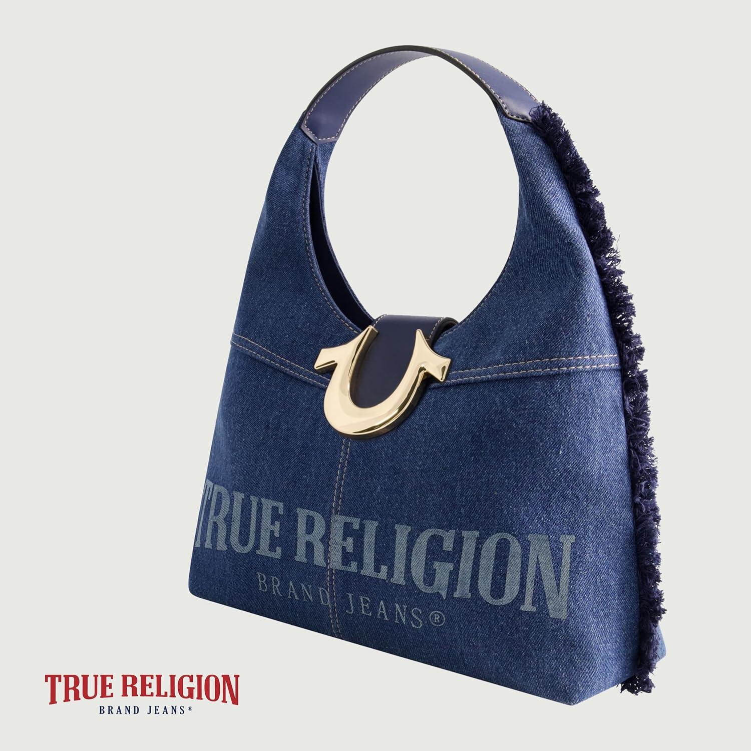 imageTrue Religion Womens Shoulder Bag Purse Frayed Denim Medium Hobo Handbag with Horseshoe Logo Denim