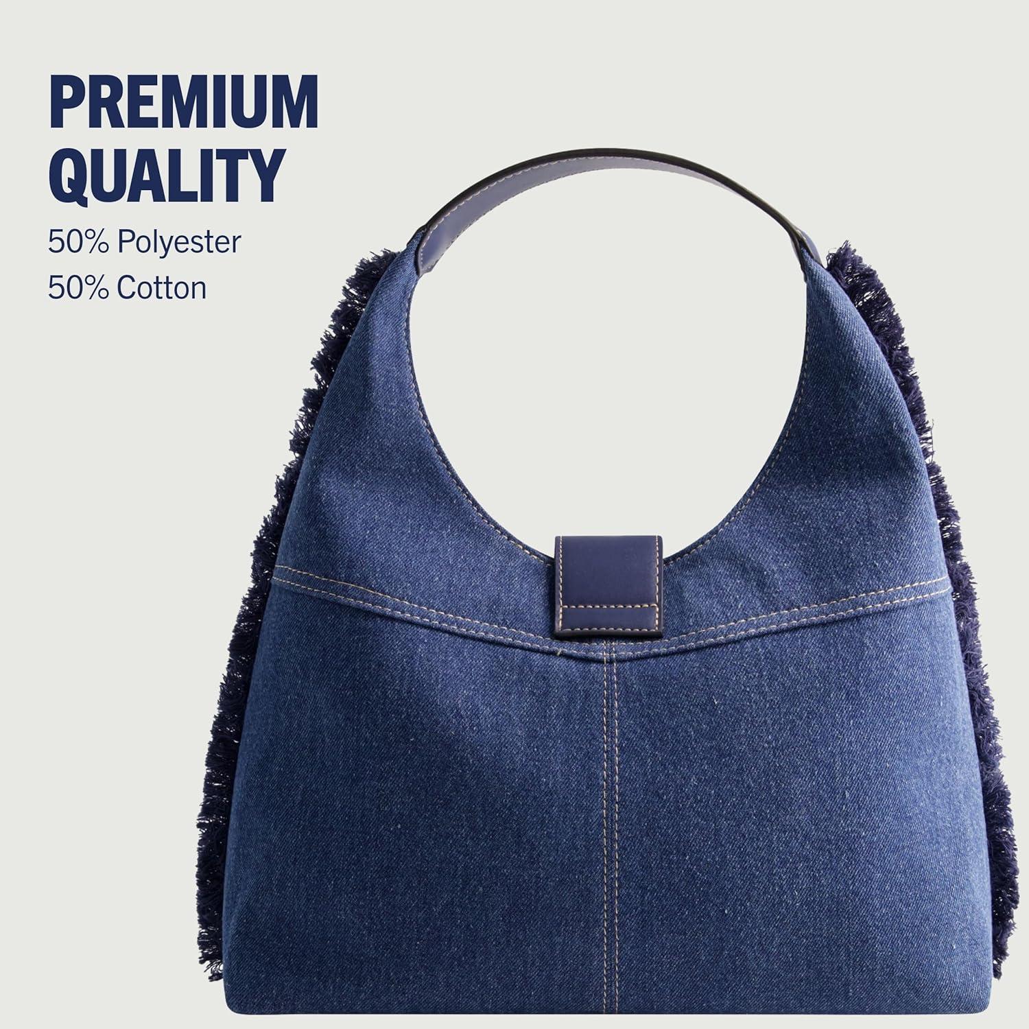 imageTrue Religion Womens Shoulder Bag Purse Frayed Denim Medium Hobo Handbag with Horseshoe Logo Denim