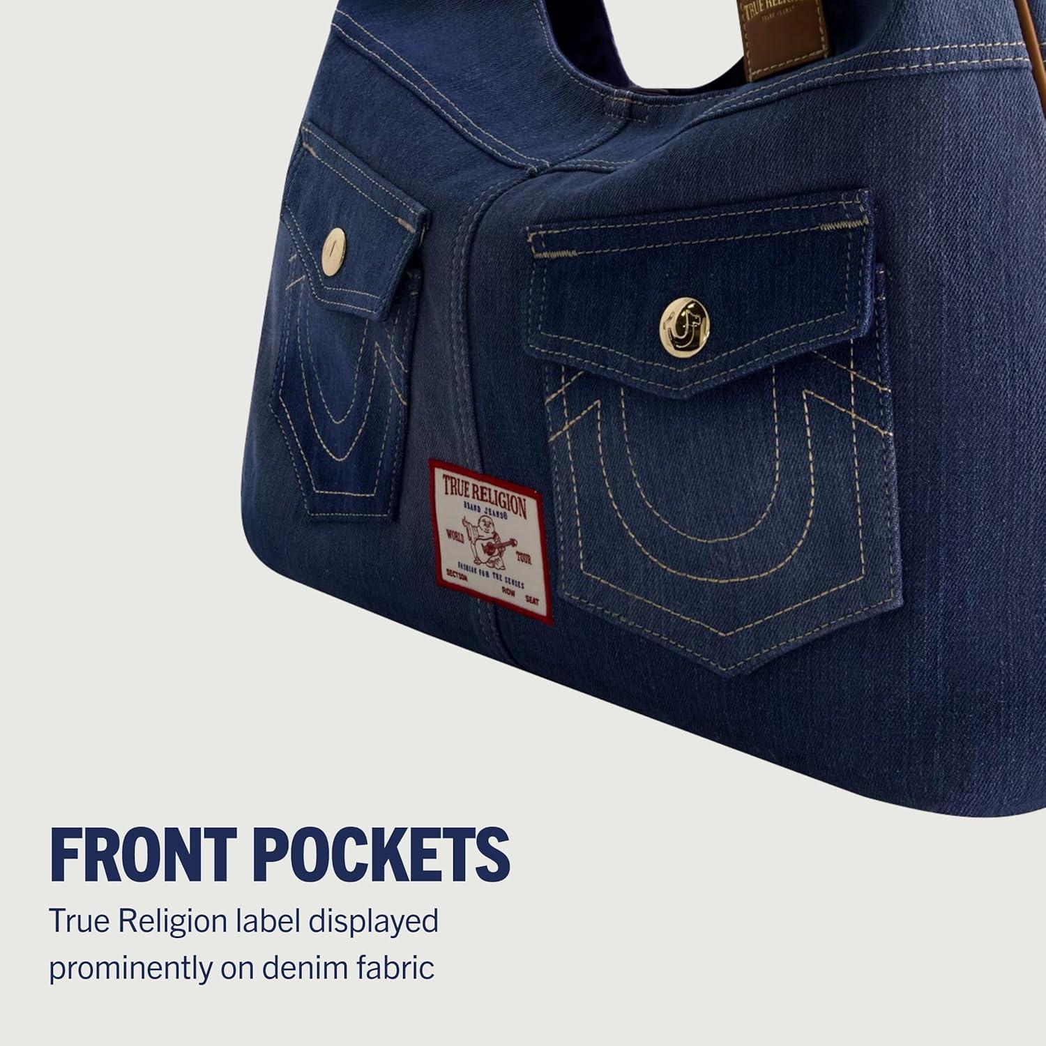 imageTrue Religion Womens Shoulder Bag Purse Large Hobo Handbag with Front PocketsDenim