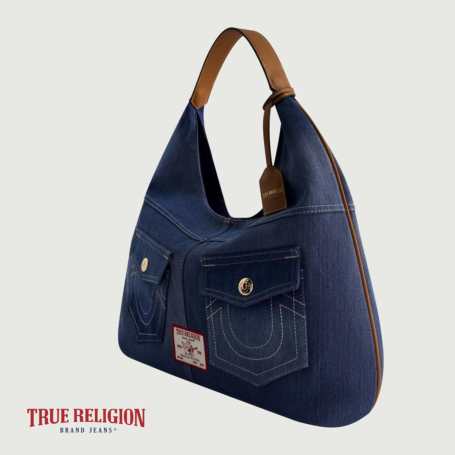 imageTrue Religion Womens Shoulder Bag Purse Large Hobo Handbag with Front PocketsDenim