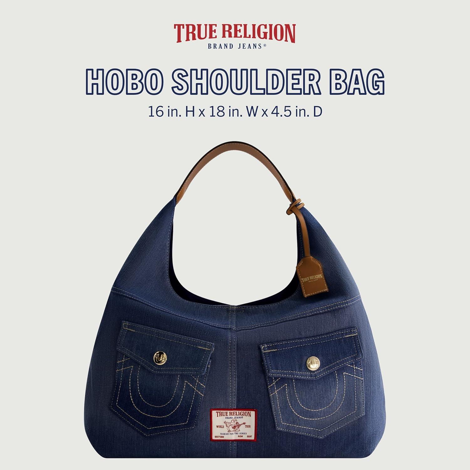 imageTrue Religion Womens Shoulder Bag Purse Large Hobo Handbag with Front PocketsDenim