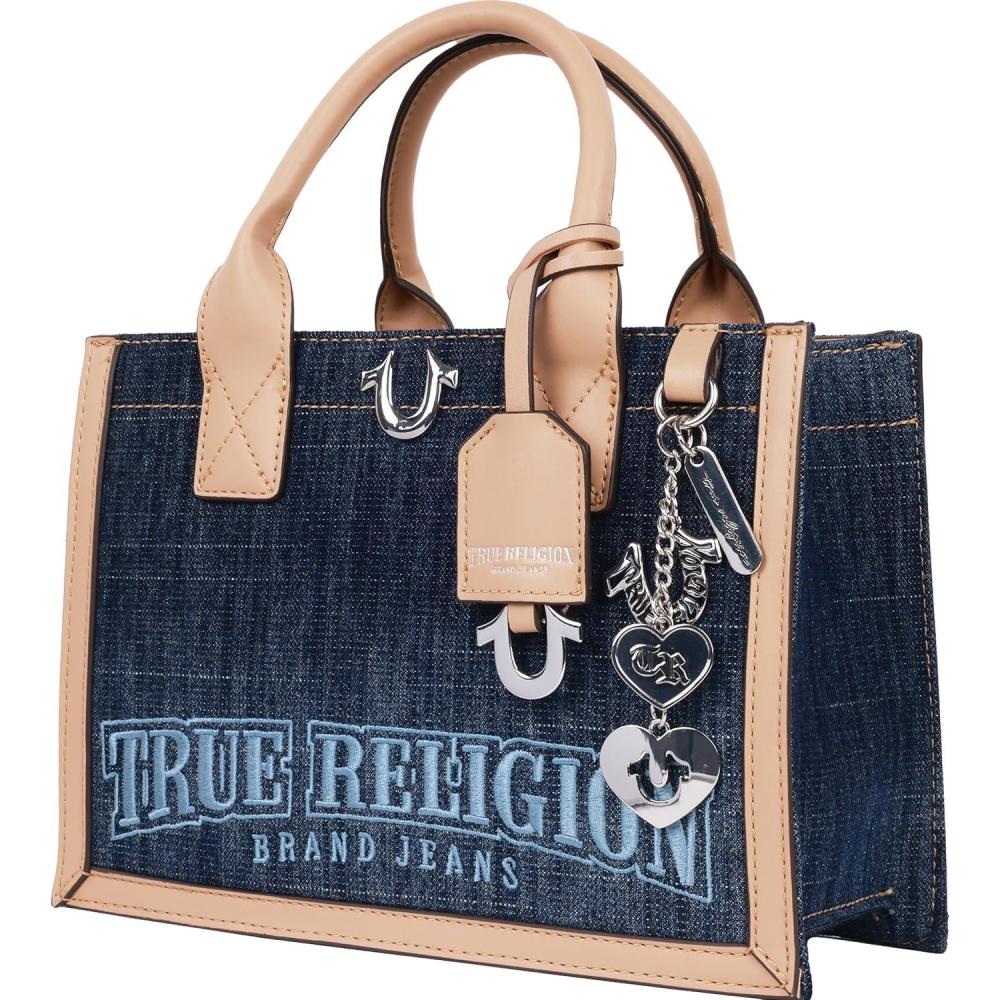 imageTrue Religion Denim Tote Bag Bombe Logo Shoulder Carryall with Horseshoe Hardware and Strap Hand Bag Dark Denim
