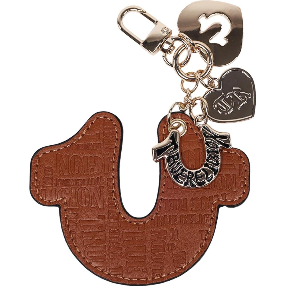 imageTrue Religion Embossed Horseshoe Bag Charm Gold Hardware Keychain with Heart Pendant and Logo Detail Cognac