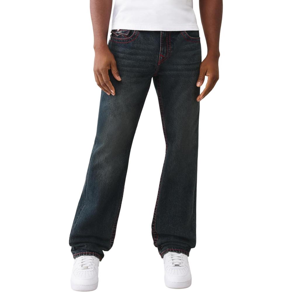 imageTrue Religion Mens TR Ricky Super T Flap Jeans  Straight Fit Stretch Denim 34 Inseam StitchingAcoustic Session Blue Blk Wash