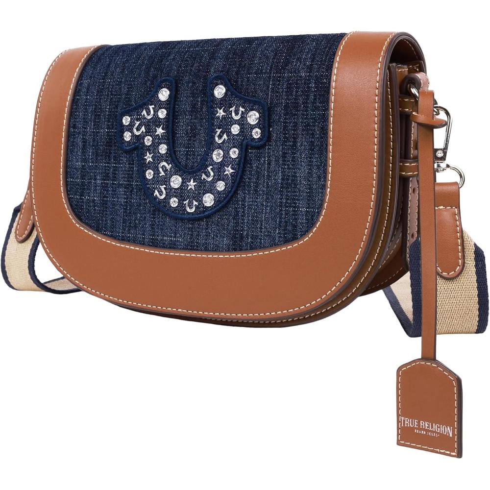 imageTrue Religion Studded Logo Flap Bag Rhinestone Horseshoe Canvas Strap Shoulder Handbag Denim