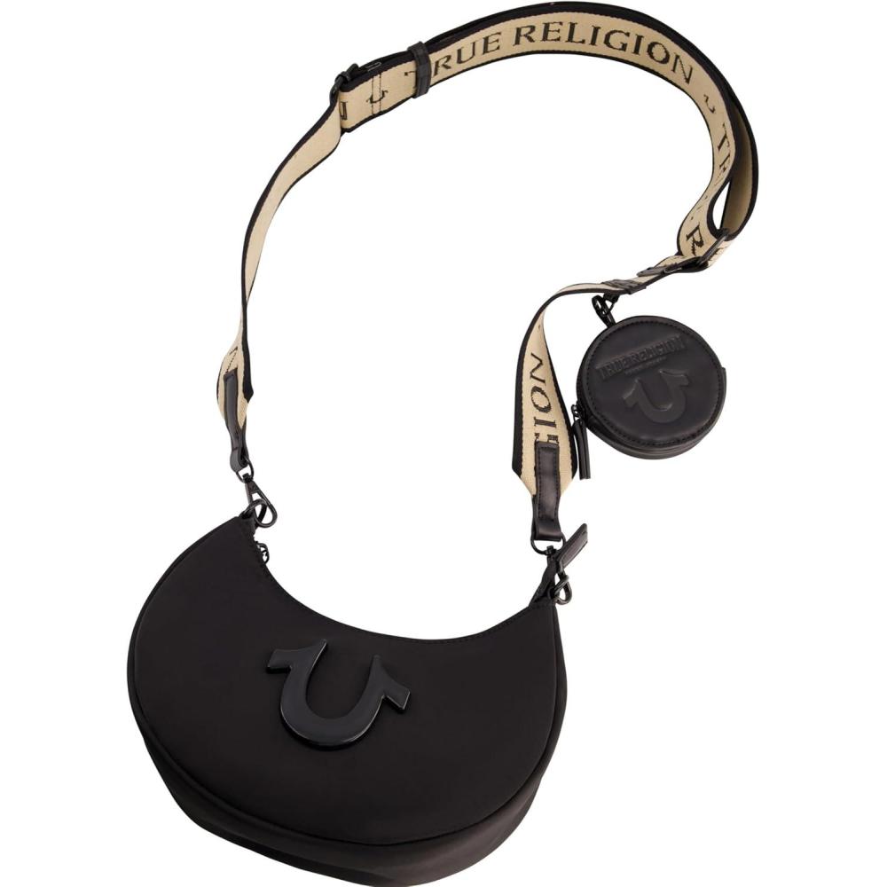 imageTrue Religion Womens Shoulder Bag Mini Crescent Hobo Handbag with Adjustable Crossbody Strap and Coin Purse Black