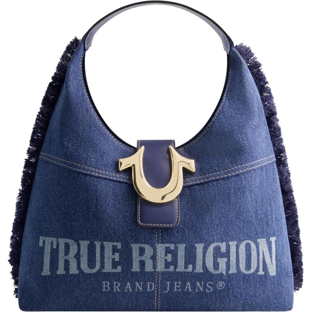 imageTrue Religion Womens Shoulder Bag Purse Frayed Denim Medium Hobo Handbag with Horseshoe Logo Denim