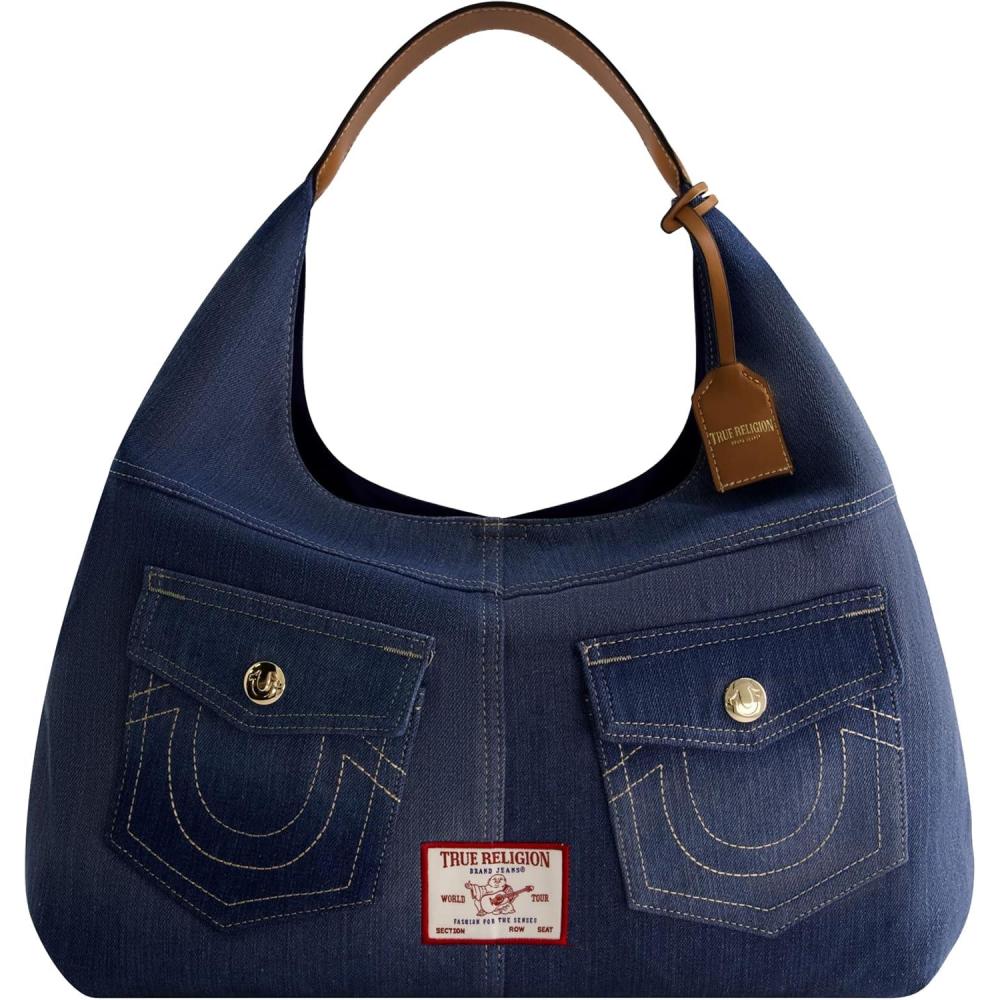 imageTrue Religion Womens Shoulder Bag Purse Large Hobo Handbag with Front PocketsDenim