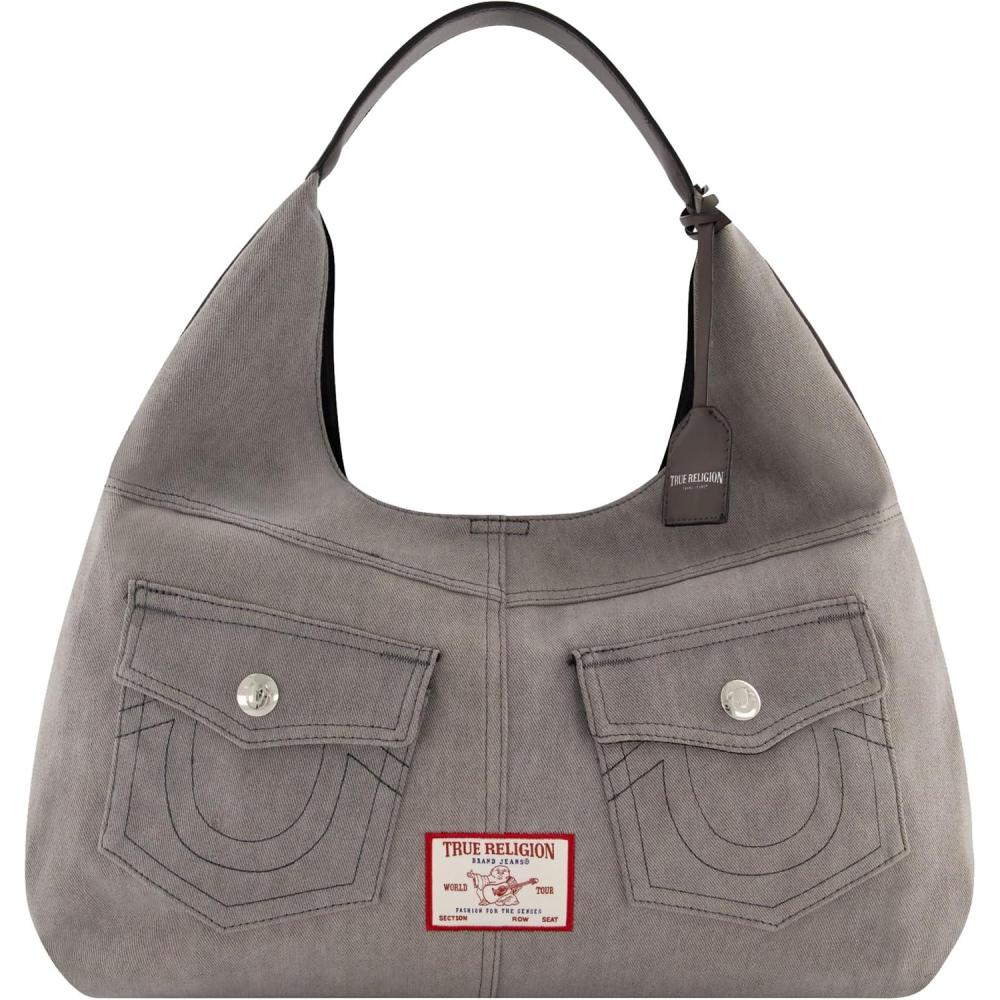 imageTrue Religion Womens Shoulder Bag Purse Large Hobo Handbag with Front PocketsGrey