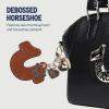 True Religion Embossed Horseshoe Bag Charm, Gold Hardware Keychain with Heart Pendant and Logo Detail, Cognac