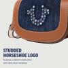 True Religion Studded Logo Flap Bag, Rhinestone Horseshoe Canvas Strap Shoulder Handbag, Denim