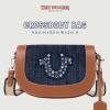 True Religion Studded Logo Flap Bag, Rhinestone Horseshoe Canvas Strap Shoulder Handbag, Denim