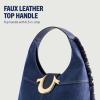 True Religion Women’s Shoulder Bag Purse, Frayed Denim Medium Hobo Handbag with Horseshoe Logo, Denim