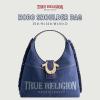 True Religion Women’s Shoulder Bag Purse, Frayed Denim Medium Hobo Handbag with Horseshoe Logo, Denim