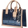 True Religion Denim Tote Bag, Bombe Logo Shoulder Carryall with Horseshoe Hardware and Strap Hand Bag, Dark Denim