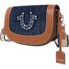 True Religion Studded Logo Flap Bag, Rhinestone Horseshoe Canvas Strap Shoulder Handbag, Denim
