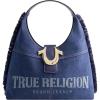 True Religion Women’s Shoulder Bag Purse, Frayed Denim Medium Hobo Handbag with Horseshoe Logo, Denim