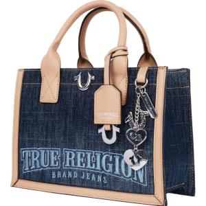 True Religion Denim Tote Bag, Bombe Logo Shoulder Carryall with Horseshoe Hardware and Strap Hand Bag, Dark Denim